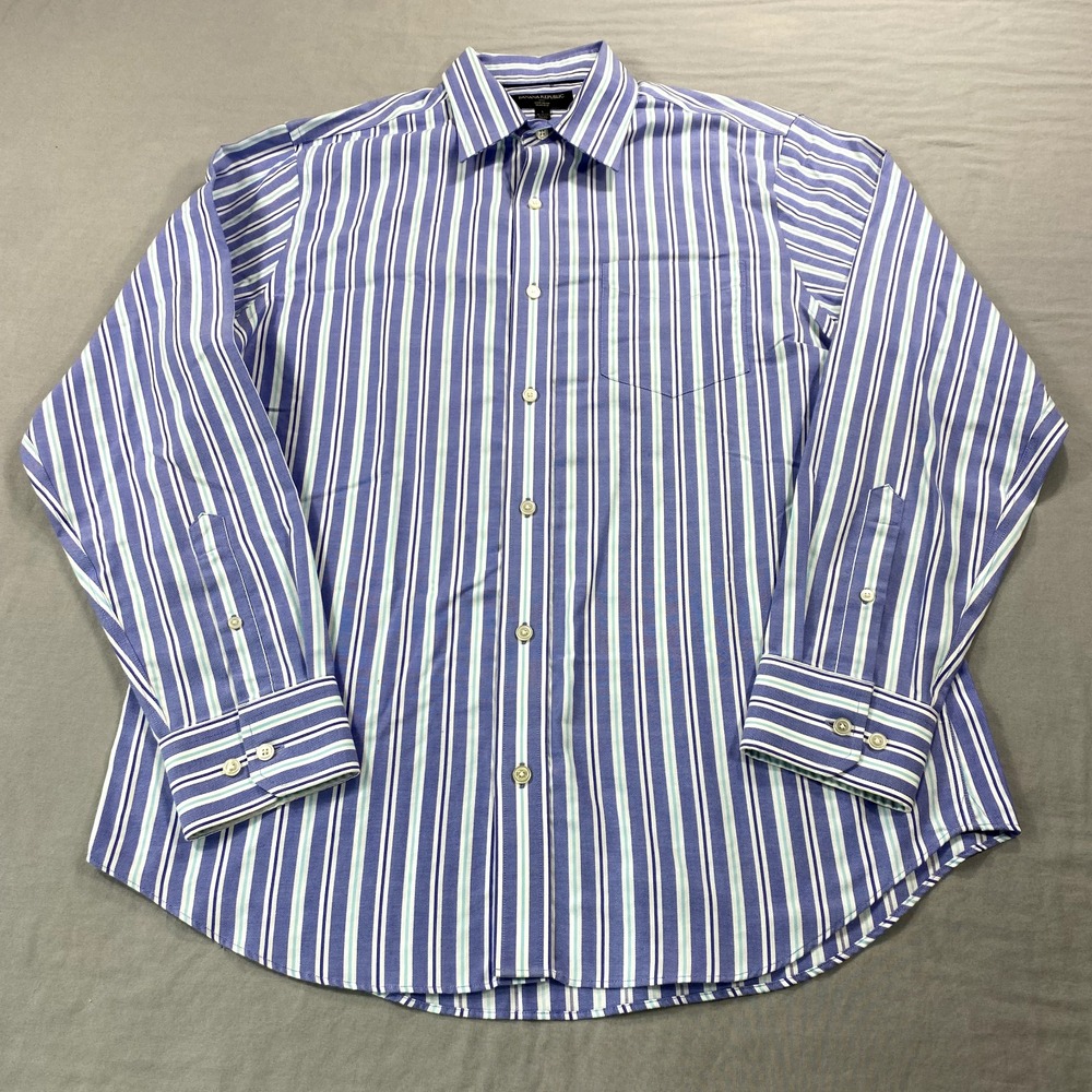 Banana Republic Shirt Mens Large 16.5 34/35 Blue Striped Slim Button Up Dress